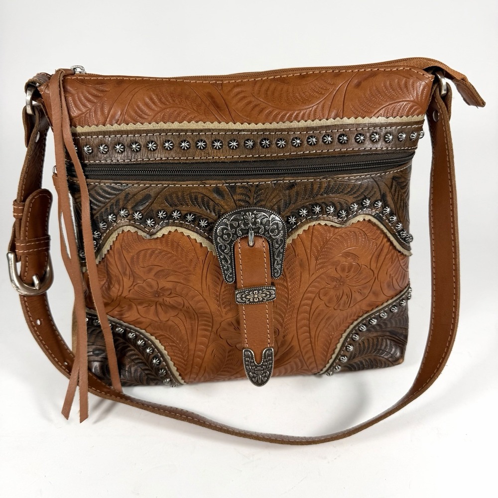 American West Genuine Leather Crossbody Bag Tooled Western Boho Concho Buckle